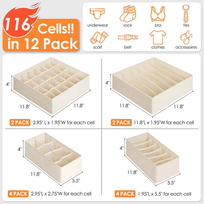 Sock Underwear Drawer Organizer Dividers, 58 Cell Foldable Fabric Dresser Closet Organizers and Storage Bins for Clothing, Baby Clothes, Bra, Panty, Scarf, Ties (White)