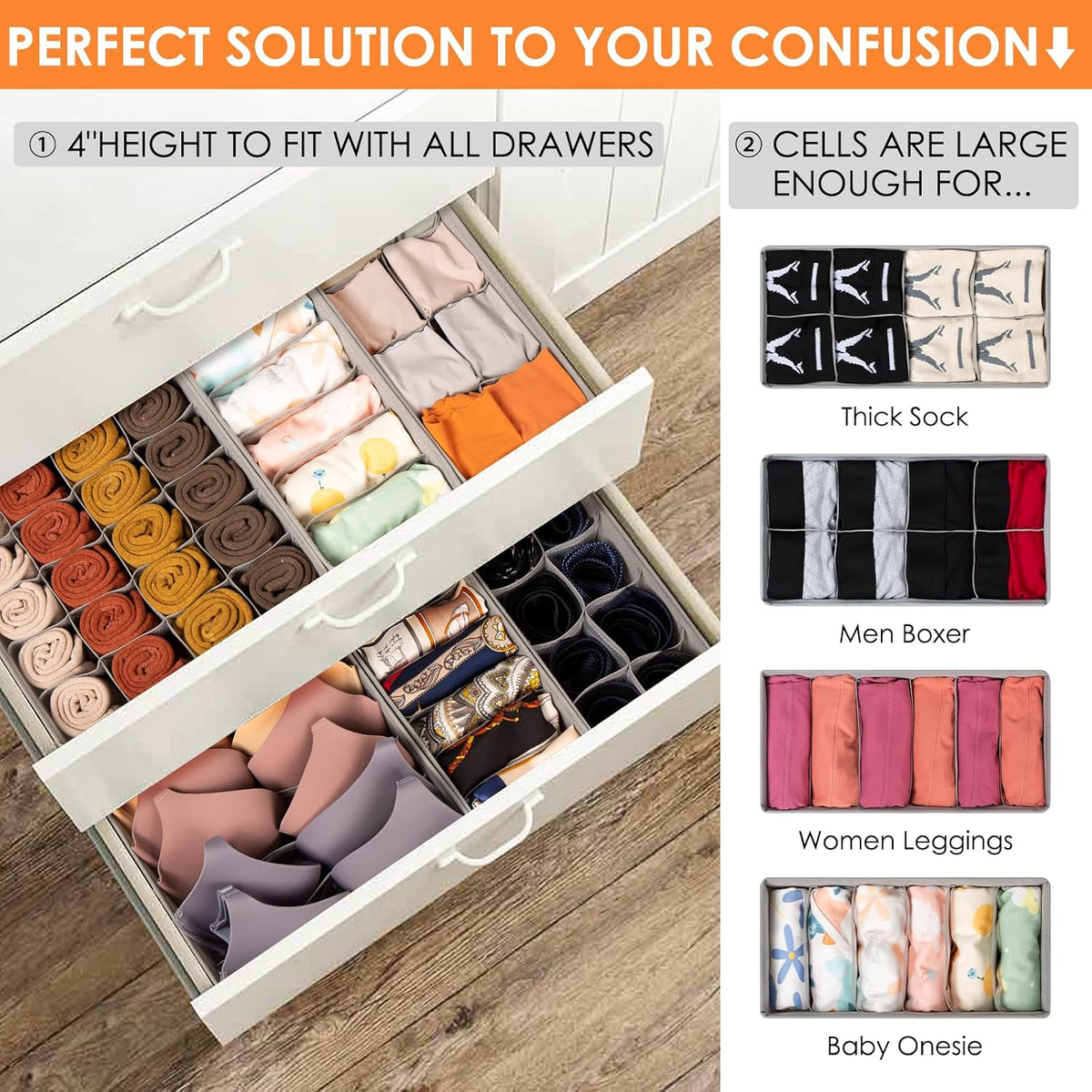 Sock Underwear Drawer Organizer Dividers, 58 Cell Foldable Fabric Dresser Closet Organizers and Storage Bins for Clothing, Baby Clothes, Bra, Panty, Scarf, Ties (White)