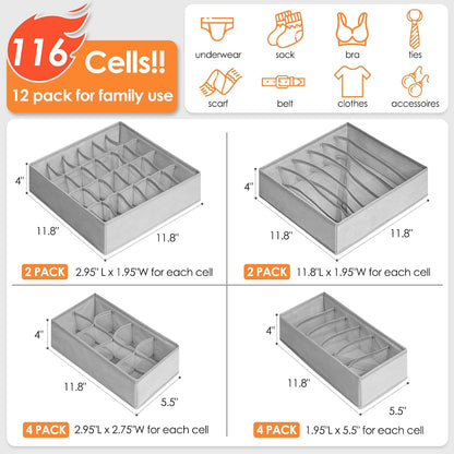 Sock Underwear Drawer Organizer Dividers, 58 Cell Foldable Fabric Dresser Closet Organizers and Storage Bins for Clothing, Baby Clothes, Bra, Panty, Scarf, Ties (White)