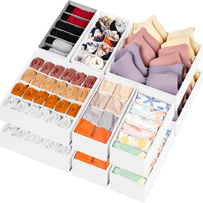 Sock Underwear Drawer Organizer Dividers, 58 Cell Foldable Fabric Dresser Closet Organizers and Storage Bins for Clothing, Baby Clothes, Bra, Panty, Scarf, Ties (White)