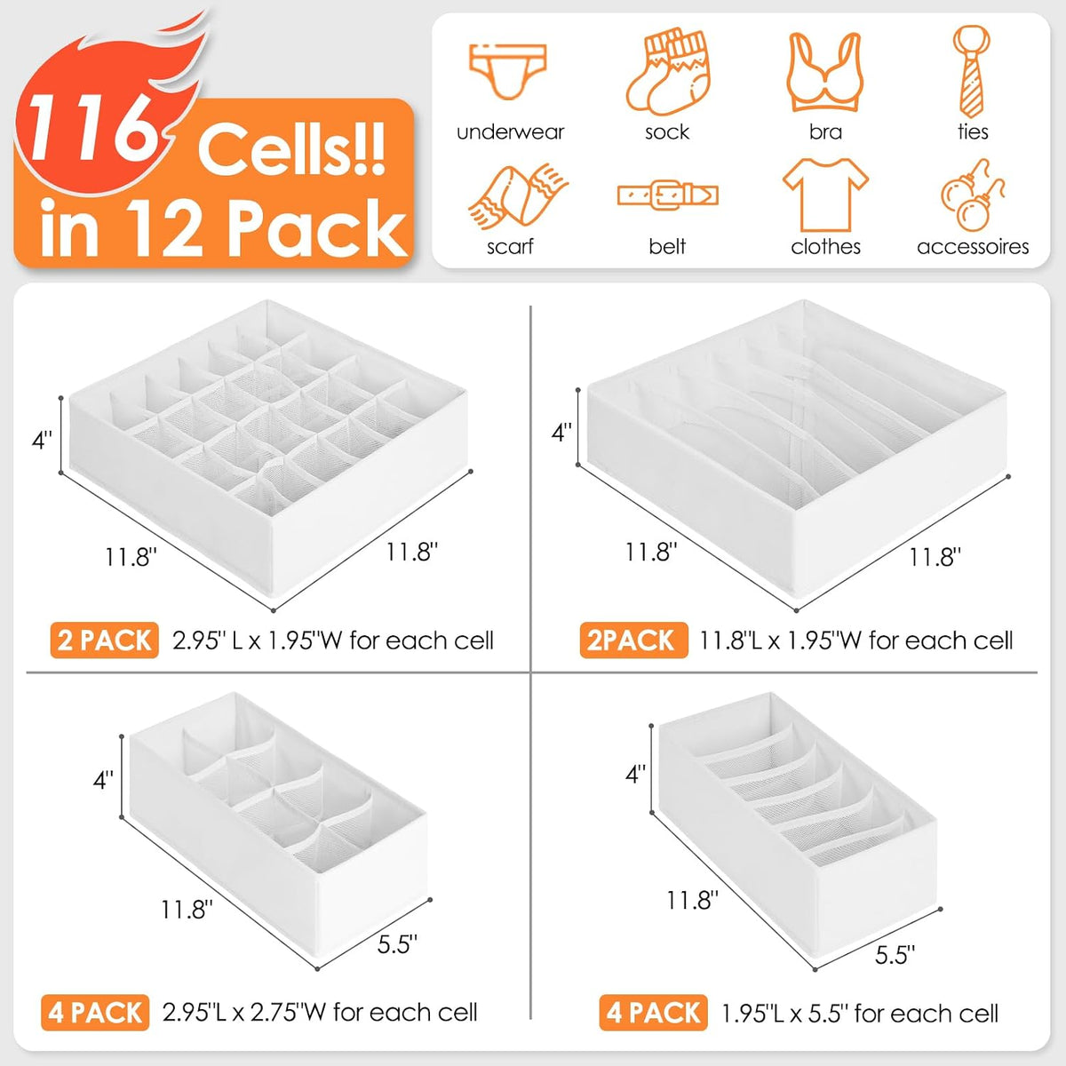 Sock Underwear Drawer Organizer Dividers, 58 Cell Foldable Fabric Dresser Closet Organizers and Storage Bins for Clothing, Baby Clothes, Bra, Panty, Scarf, Ties (White)