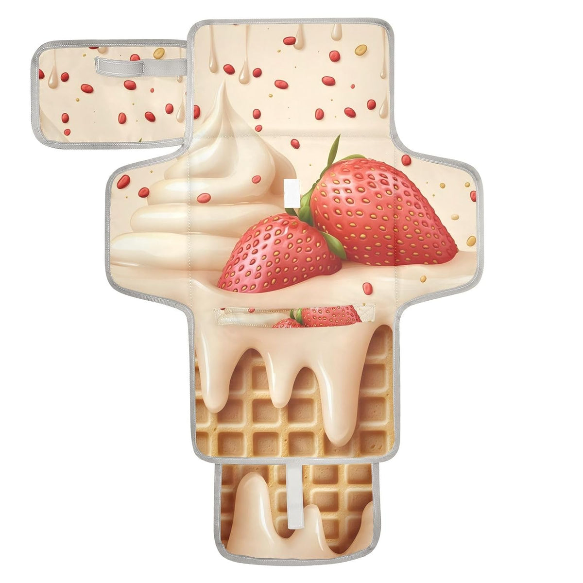 Strawberry Ice Cream Portable Diaper Changing Pad - Waterproof Travel Mat with Head Cushion, Diaper & Wipes Pockets, Foldable Baby Changing Mat for On-The-Go Parents