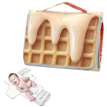 Strawberry Ice Cream Portable Diaper Changing Pad - Waterproof Travel Mat with Head Cushion, Diaper & Wipes Pockets, Foldable Baby Changing Mat for On-The-Go Parents