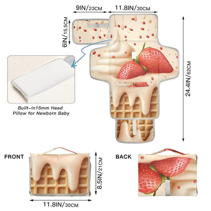 Strawberry Ice Cream Portable Diaper Changing Pad - Waterproof Travel Mat with Head Cushion, Diaper & Wipes Pockets, Foldable Baby Changing Mat for On-The-Go Parents