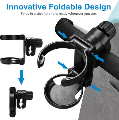Stroller Cup Holder, Foldable 360° Rotatable Universal Cup Holder for Bike, Wheelchair, Walker, Scooter