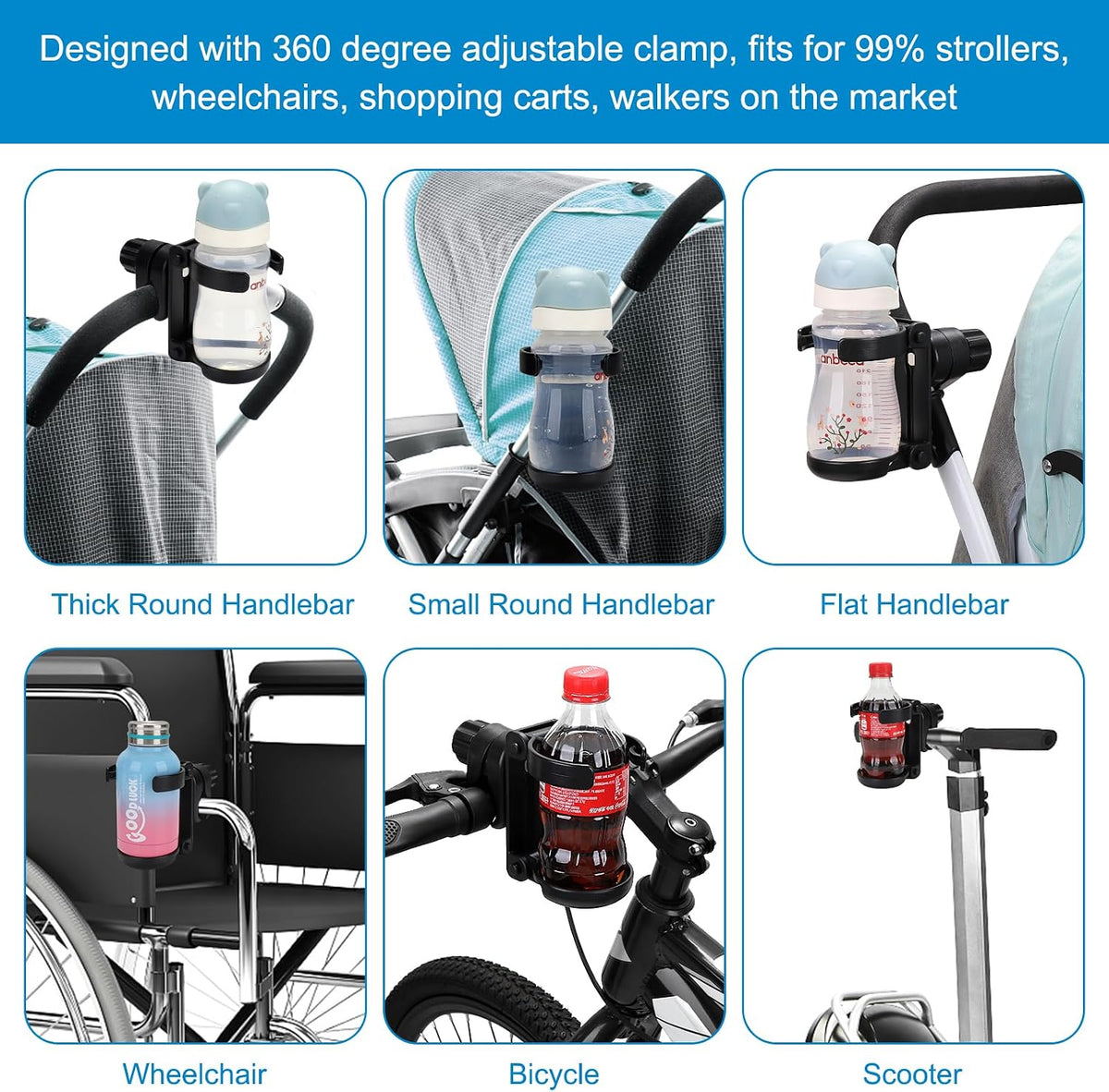 Stroller Cup Holder, Foldable 360° Rotatable Universal Cup Holder for Bike, Wheelchair, Walker, Scooter