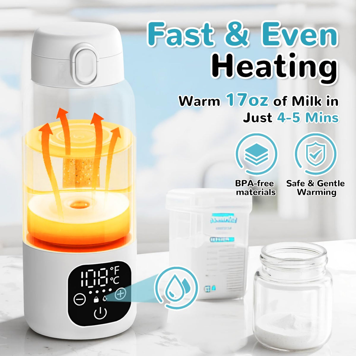 Portable Cordless Bottle Warmer, 17oz Fast Heating Milk Warmer for Travel