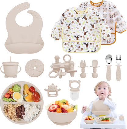 Silicone Baby Feeding Set, 14 Pcs Baby Led Weaning Supplies, Baby Spoons & Forks Suction Bowl Divided Plate Bib Cup, First Stage Solid Food Eating Utensils - 6+ Months (Blue)