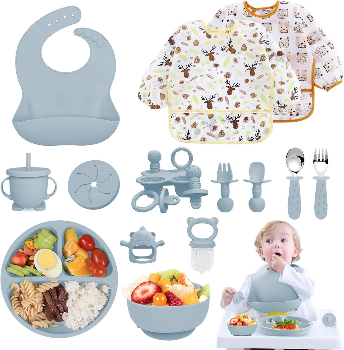 Silicone Baby Feeding Set, 14 Pcs Baby Led Weaning Supplies, Baby Spoons & Forks Suction Bowl Divided Plate Bib Cup, First Stage Solid Food Eating Utensils - 6+ Months (Blue)