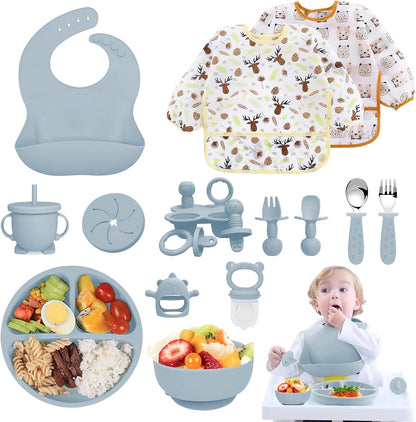 Silicone Baby Feeding Set, 14 Pcs Baby Led Weaning Supplies, Baby Spoons & Forks Suction Bowl Divided Plate Bib Cup, First Stage Solid Food Eating Utensils - 6+ Months (Blue)