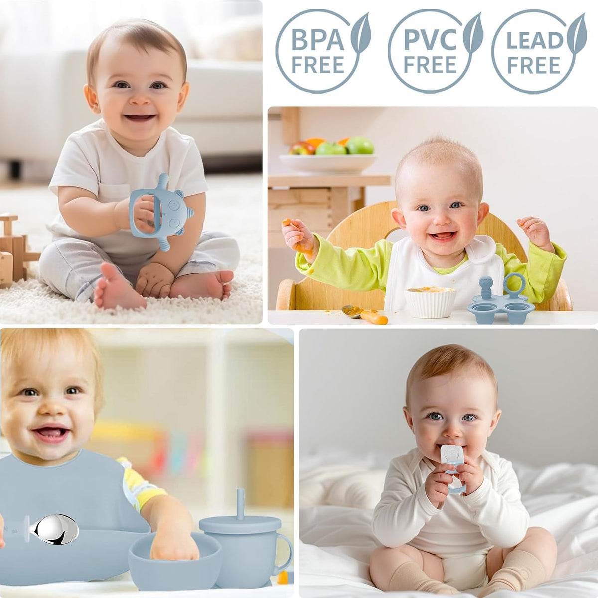 Silicone Baby Feeding Set, 14 Pcs Baby Led Weaning Supplies, Baby Spoons & Forks Suction Bowl Divided Plate Bib Cup, First Stage Solid Food Eating Utensils - 6+ Months (Blue)