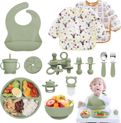 Silicone Baby Feeding Set, 14 Pcs Baby Led Weaning Supplies, Baby Spoons & Forks Suction Bowl Divided Plate Bib Cup, First Stage Solid Food Eating Utensils - 6+ Months (Blue)