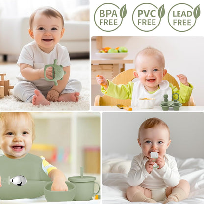 Silicone Baby Feeding Set, 14 Pcs Baby Led Weaning Supplies, Baby Spoons & Forks Suction Bowl Divided Plate Bib Cup, First Stage Solid Food Eating Utensils - 6+ Months (Blue)