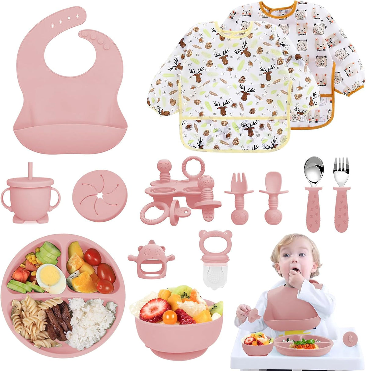 Silicone Baby Feeding Set, 14 Pcs Baby Led Weaning Supplies, Baby Spoons & Forks Suction Bowl Divided Plate Bib Cup, First Stage Solid Food Eating Utensils - 6+ Months (Blue)