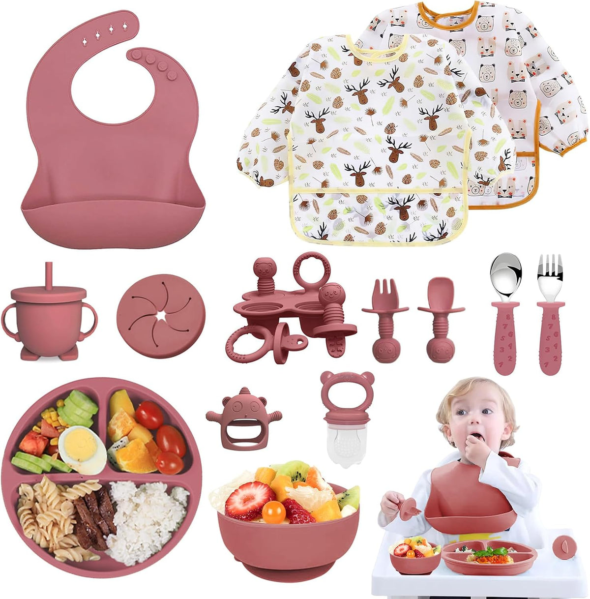 Silicone Baby Feeding Set, 14 Pcs Baby Led Weaning Supplies, Baby Spoons & Forks Suction Bowl Divided Plate Bib Cup, First Stage Solid Food Eating Utensils - 6+ Months (Blue)