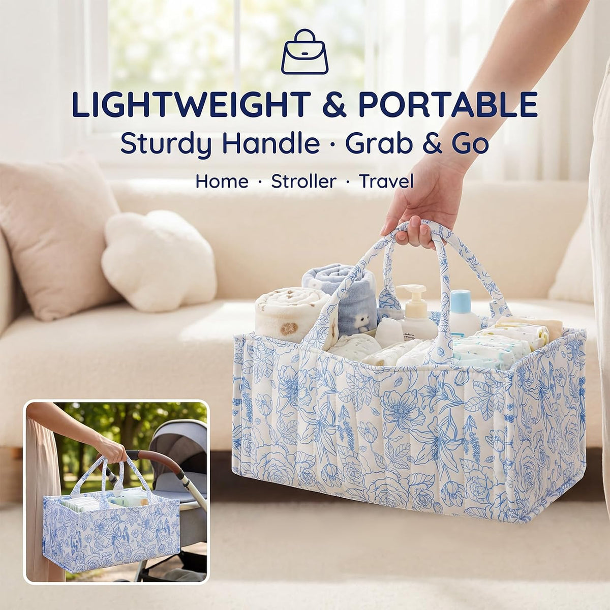 Baby Diaper Caddy Organizer, Newborn Essential Storage for Diaper Changing Station, with Removable Divider for Home and Outdoor