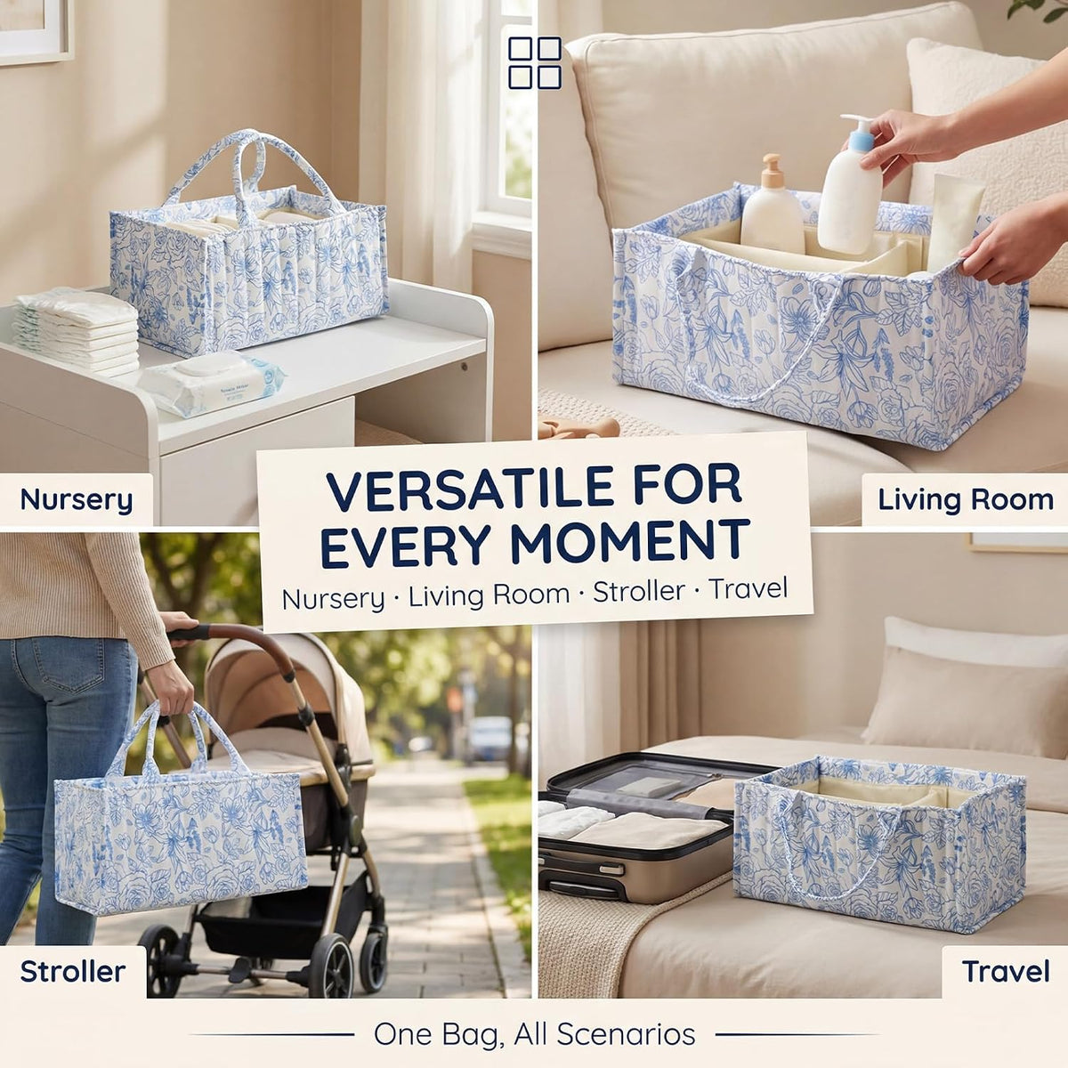 Baby Diaper Caddy Organizer, Newborn Essential Storage for Diaper Changing Station, with Removable Divider for Home and Outdoor