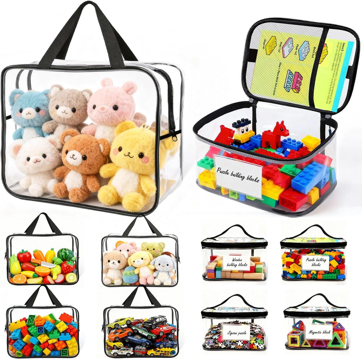 Clear PVC Toy Organizers and Storage Bags with Zipper,Waterproof Organizer for Building Blocks, Puzzles,Board Games & Magnetic Toys,All-in-One Toy Organizers and Storage Solution