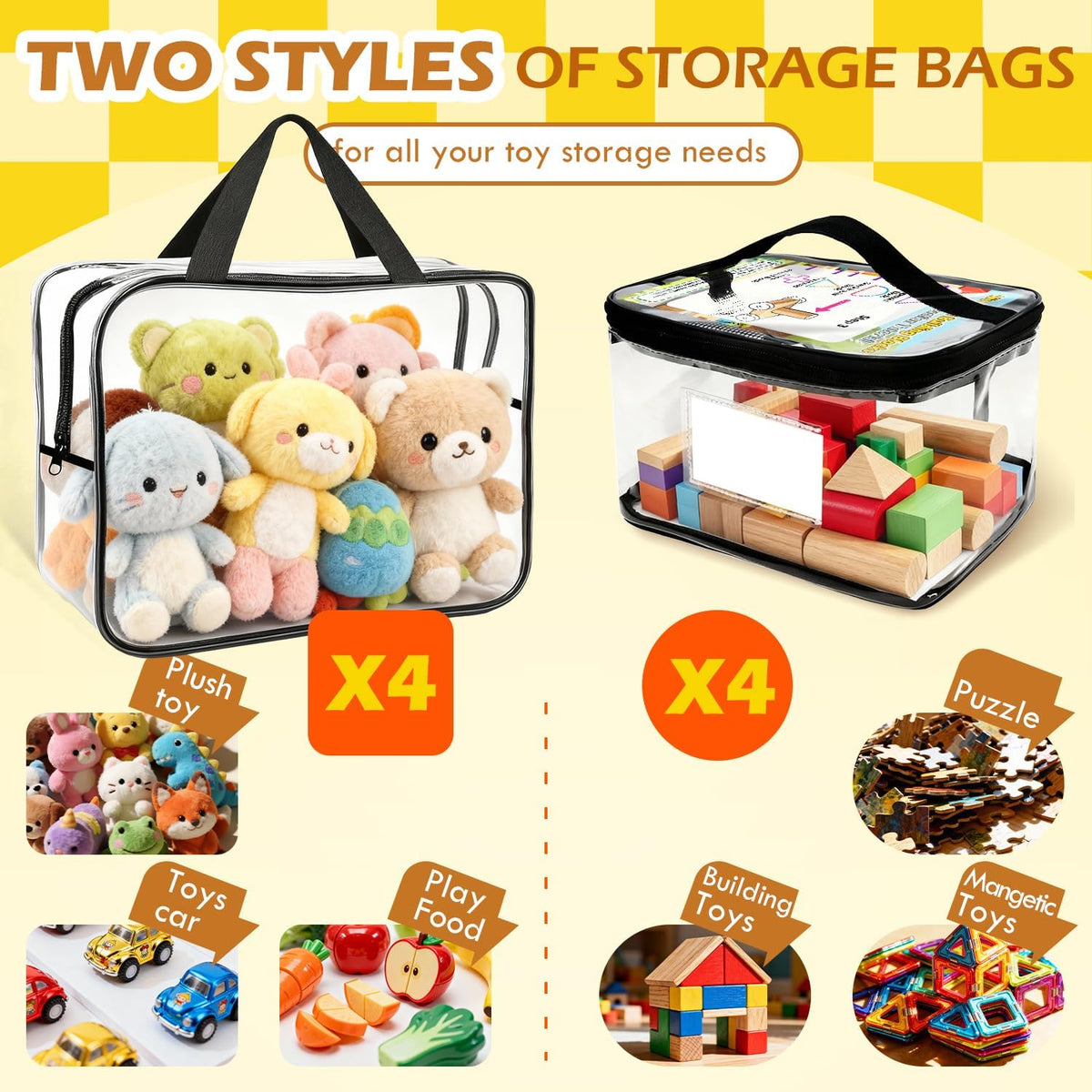 Clear PVC Toy Organizers and Storage Bags with Zipper,Waterproof Organizer for Building Blocks, Puzzles,Board Games & Magnetic Toys,All-in-One Toy Organizers and Storage Solution