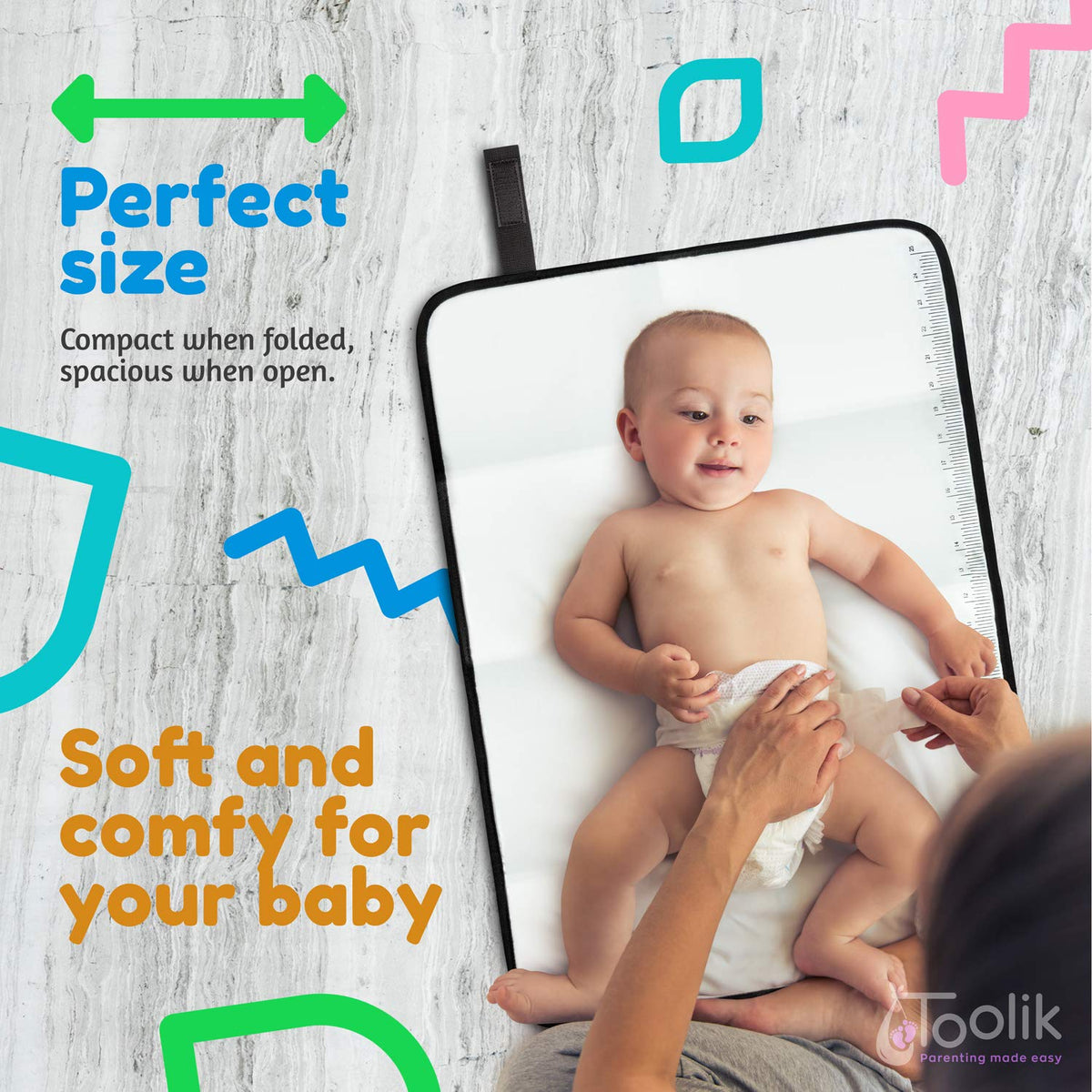 Toolik Baby Diaper Changing Pad, Extra Large (27.5 x 19.7 inch) Waterproof Mat for Stroller Walks or Diaper Bag, Fits Newborn and Toddler for Quick Change on the go, Black with 3D Cube