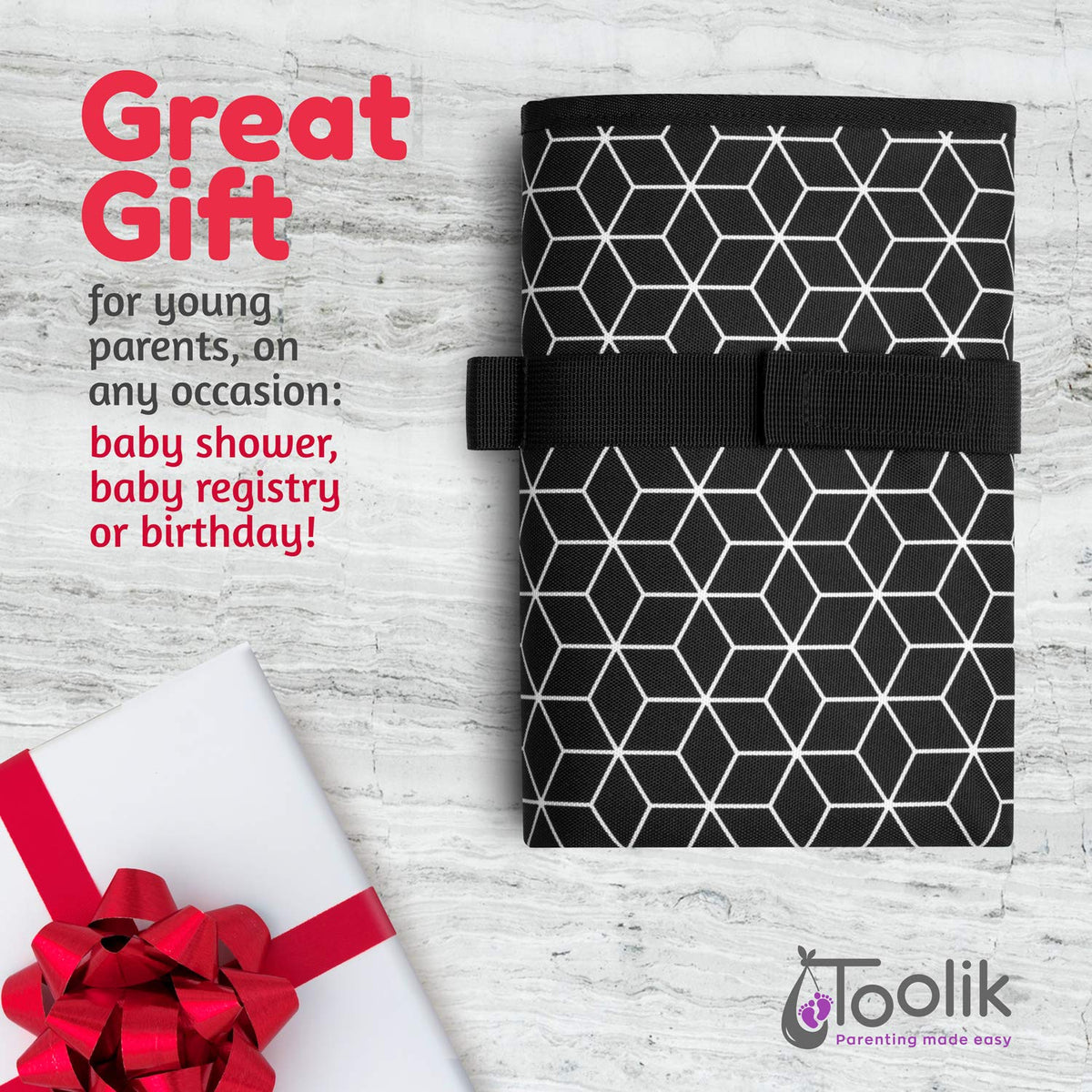 Toolik Baby Diaper Changing Pad, Extra Large (27.5 x 19.7 inch) Waterproof Mat for Stroller Walks or Diaper Bag, Fits Newborn and Toddler for Quick Change on the go, Black with 3D Cube