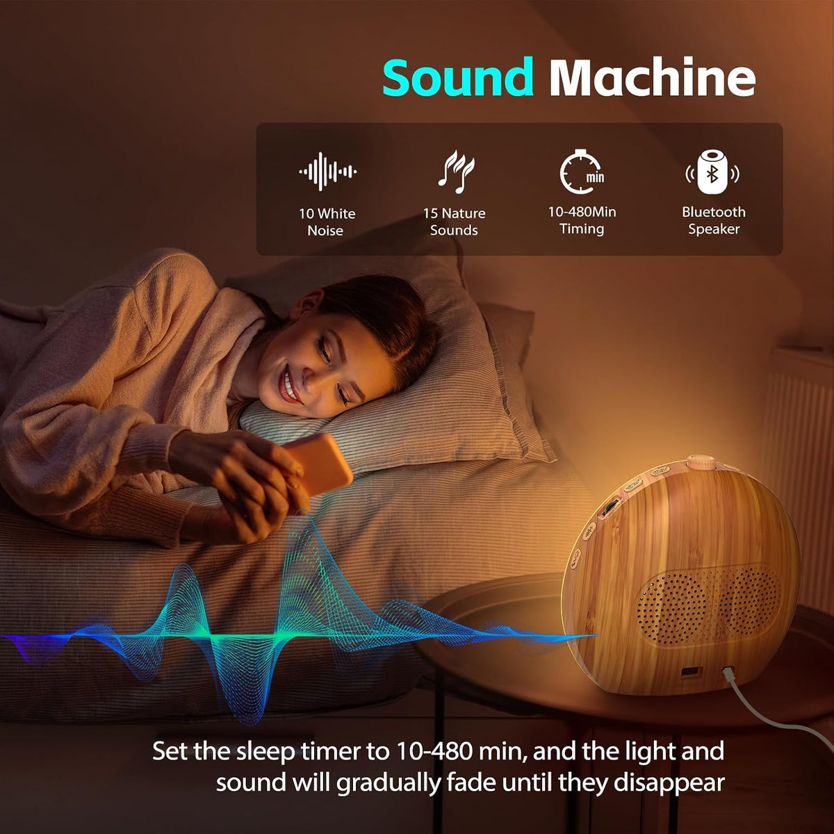Sunrise Alarm Clock, Noise Sound Machine Night Light, Wood Grain