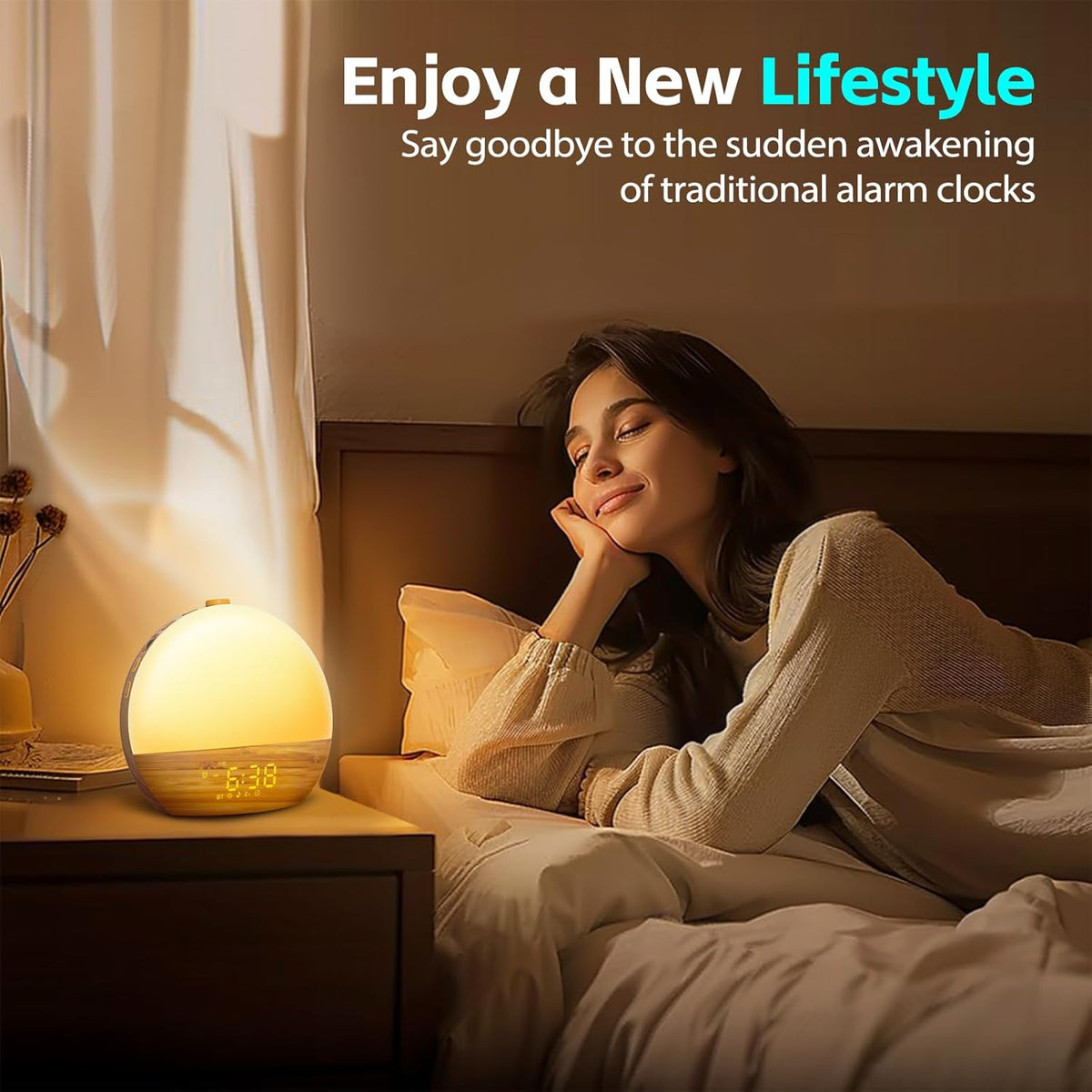 Sunrise Alarm Clock, Noise Sound Machine Night Light, Wood Grain