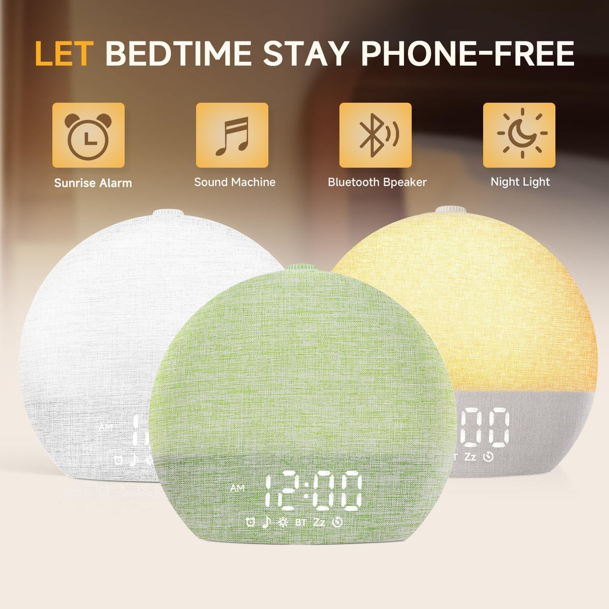 Sunrise Alarm Clock, Noise Sound Machine Night Light, Wood Grain