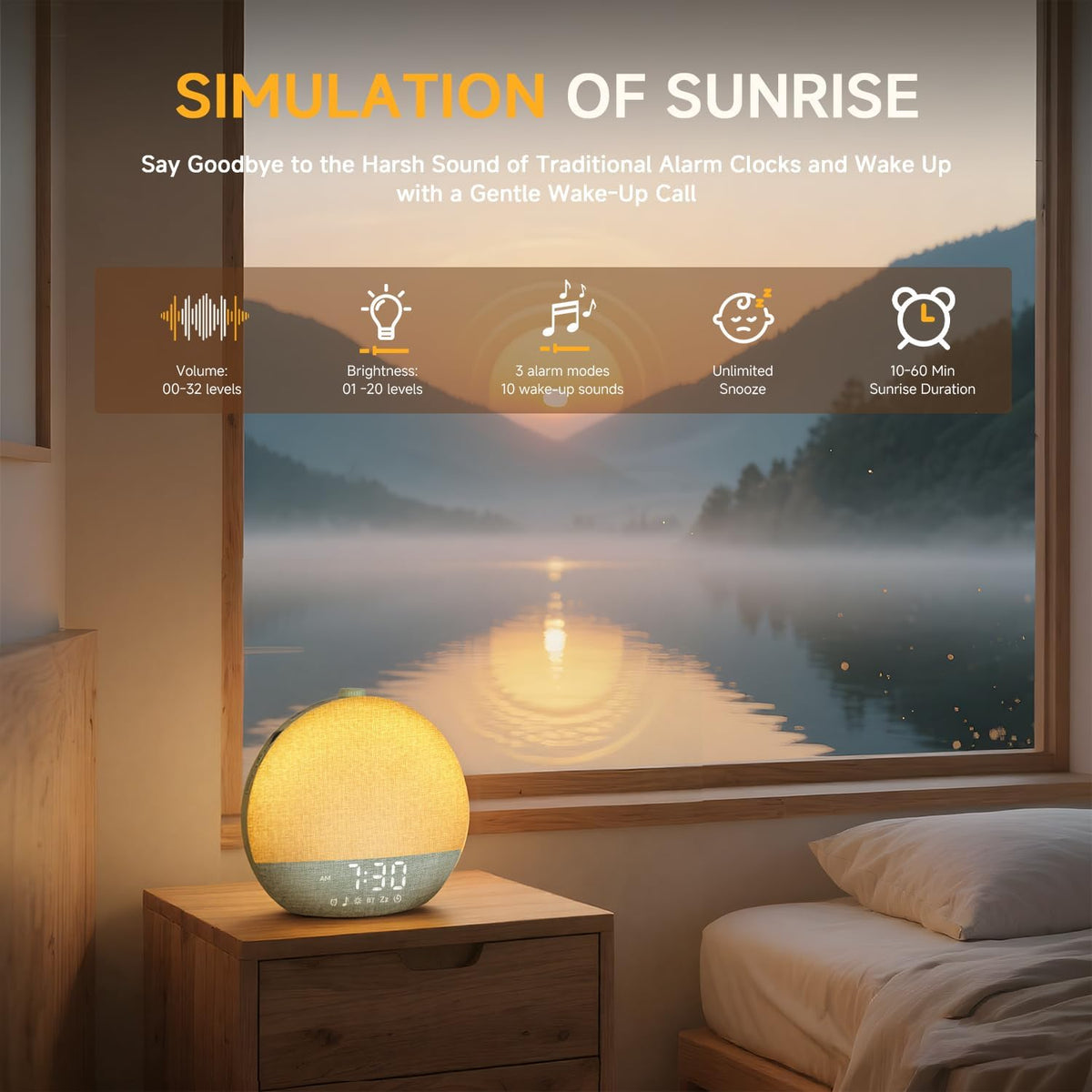 Sunrise Alarm Clock, Noise Sound Machine Night Light, Wood Grain