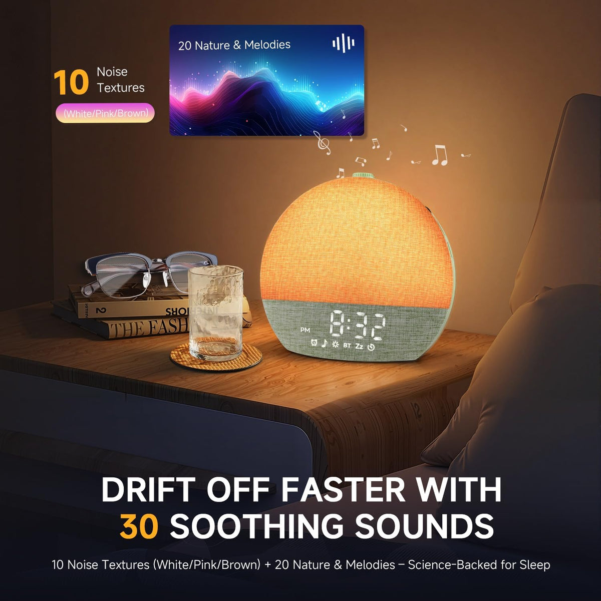 Sunrise Alarm Clock, Noise Sound Machine Night Light, Wood Grain