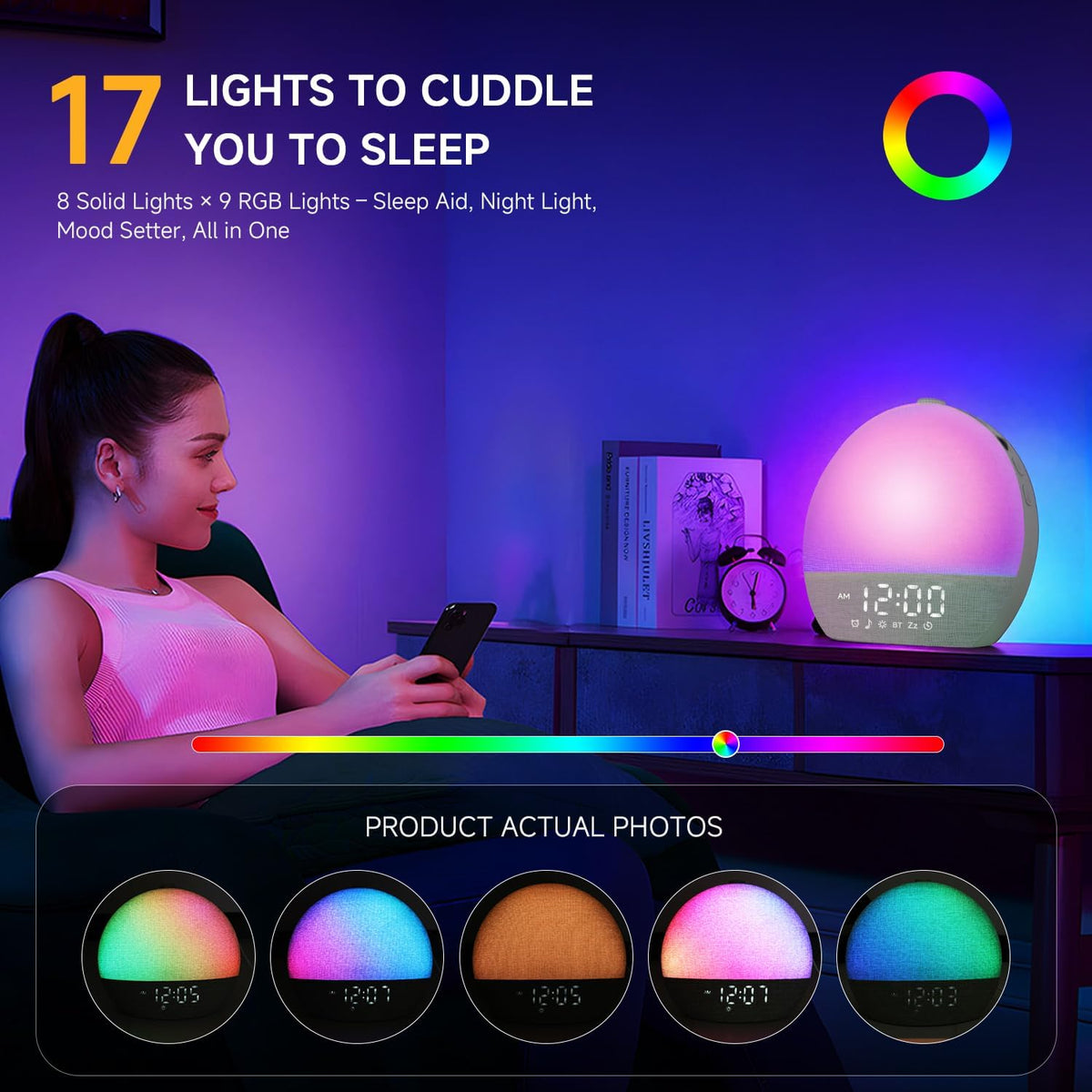Sunrise Alarm Clock, Noise Sound Machine Night Light, Wood Grain