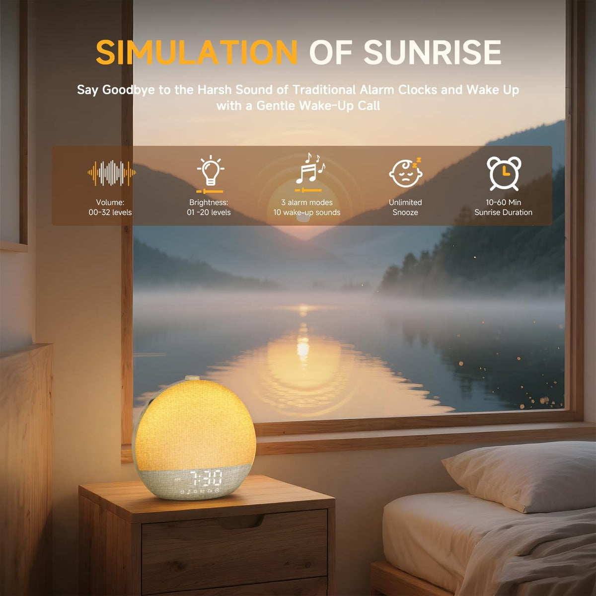 Sunrise Alarm Clock, Noise Sound Machine Night Light, Wood Grain