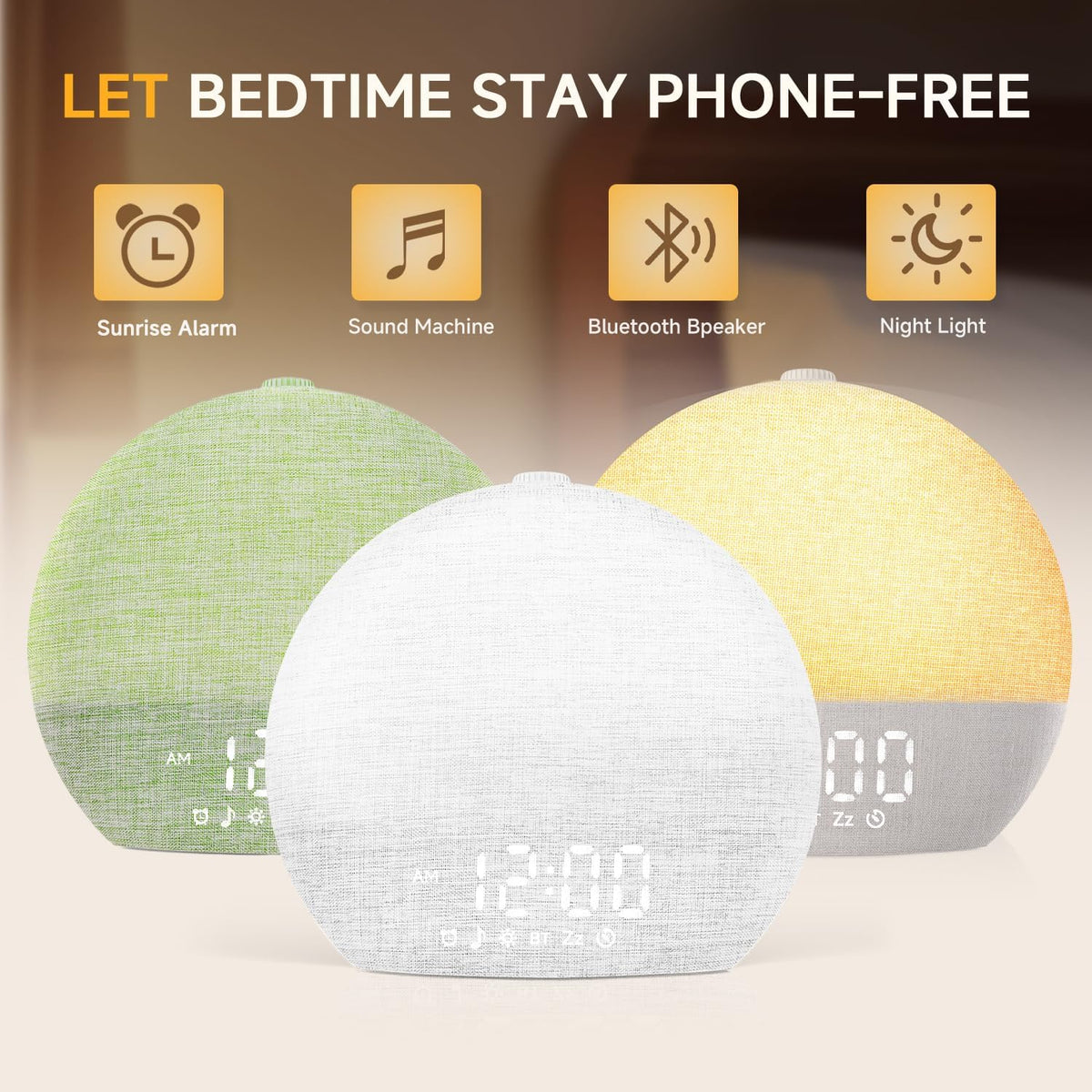 Sunrise Alarm Clock, Noise Sound Machine Night Light, Wood Grain