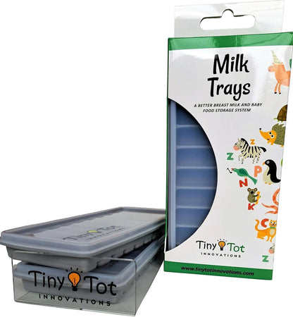 Breast Milk Freezer Storage Trays, 10-1oz Bars, 2 Silicone Tray Containers w/Leak Resistant Lids, Food Grade Silicone (Milk Trays)