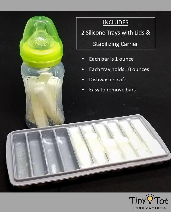Breast Milk Freezer Storage Trays, 10-1oz Bars, 2 Silicone Tray Containers w/Leak Resistant Lids, Food Grade Silicone (Milk Trays)