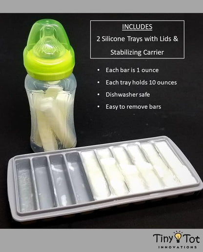 Breast Milk Freezer Storage Trays, 10-1oz Bars, 2 Silicone Tray Containers w/Leak Resistant Lids, Food Grade Silicone (Milk Trays)