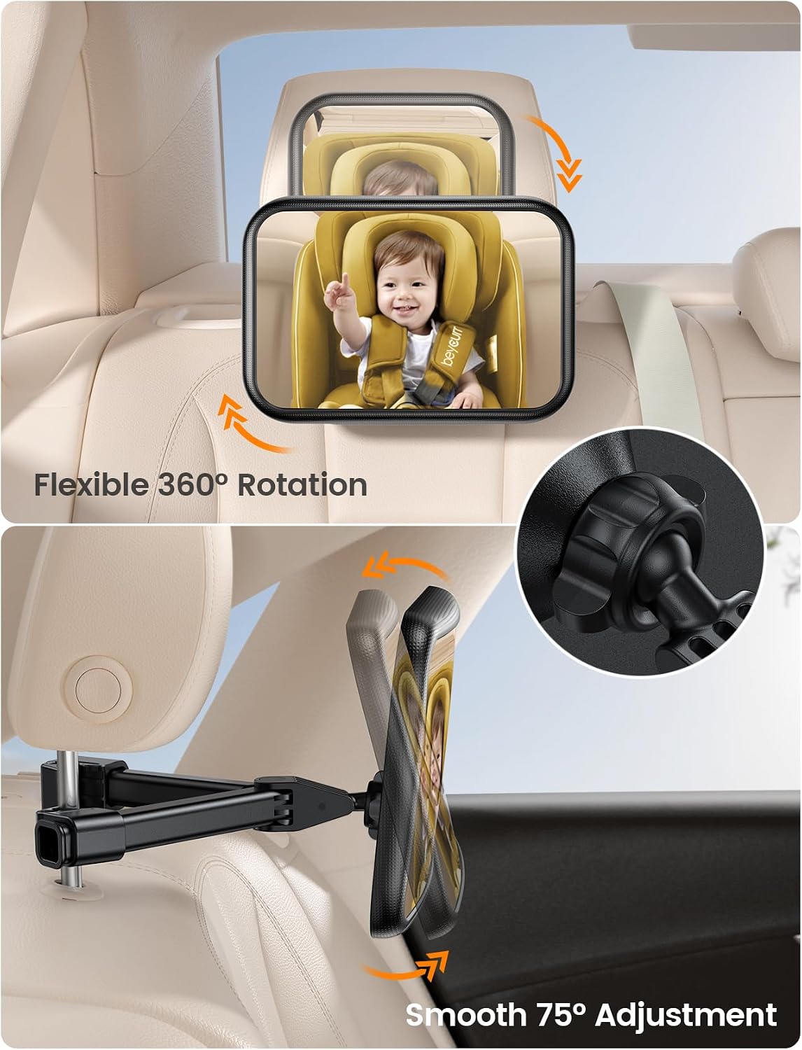 Backseat Baby Car Mirror, Safe Never Shake & Fall, Wide Clear View
