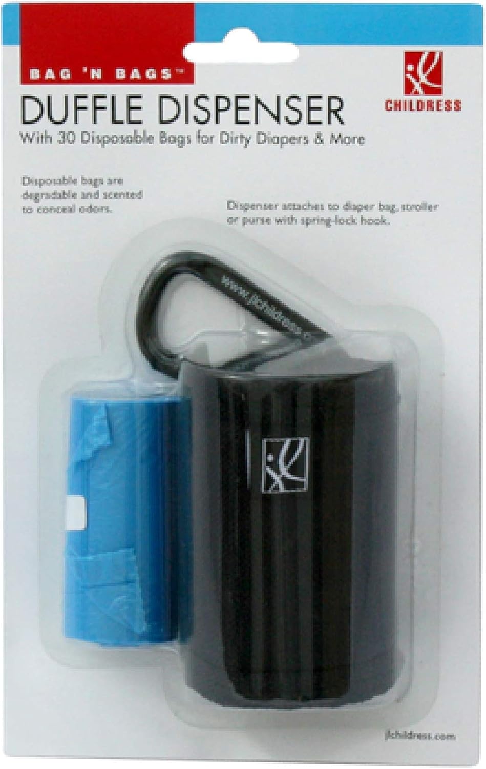 J.L. Childress Bag 'N Bags, Portable Fabric Duffel Dispenser and Waste Bag Refill, Easily Hooks to Stroller or Diaper Bag, Includes 30 Disposable Bags, Black