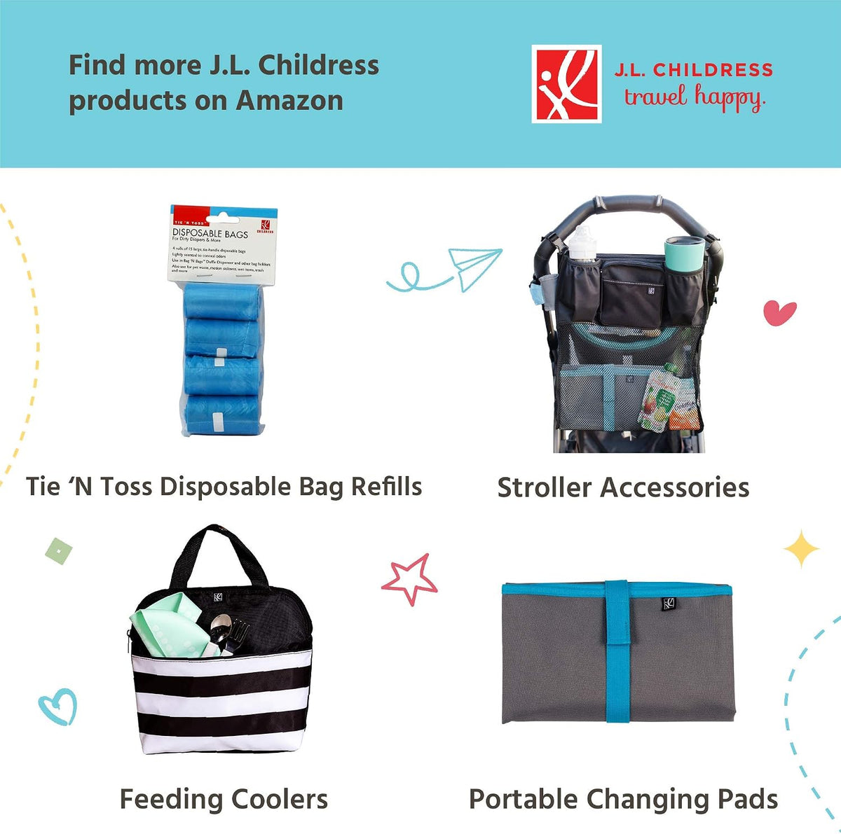 J.L. Childress Bag 'N Bags, Portable Fabric Duffel Dispenser and Waste Bag Refill, Easily Hooks to Stroller or Diaper Bag, Includes 30 Disposable Bags, Black