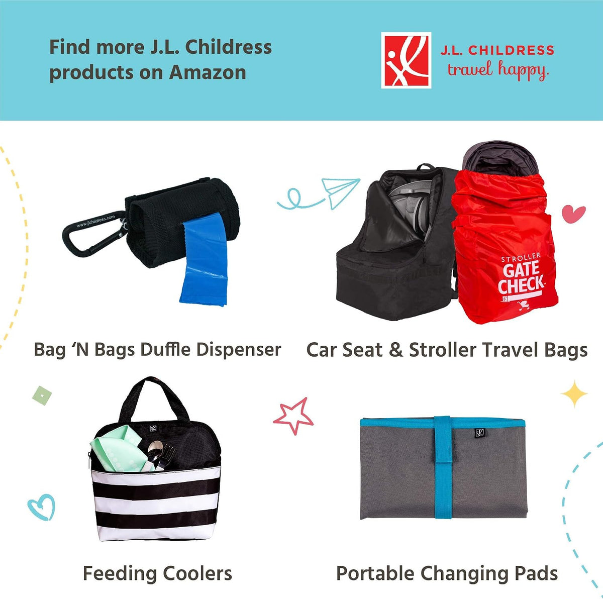 J.L. Childress Bag 'N Bags, Portable Fabric Duffel Dispenser and Waste Bag Refill, Easily Hooks to Stroller or Diaper Bag, Includes 30 Disposable Bags, Black