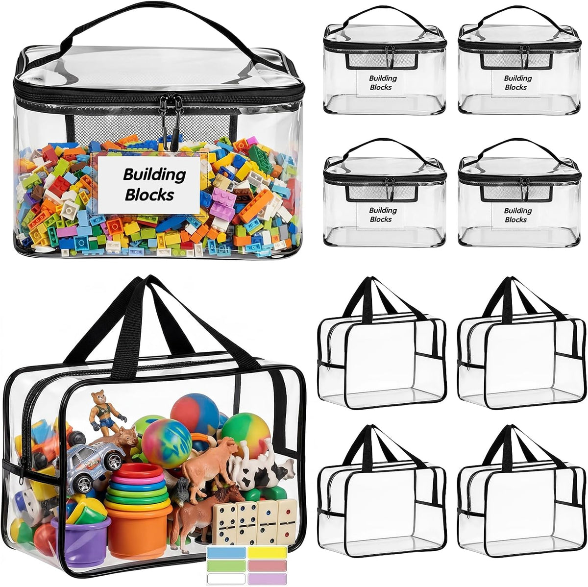 Clear Toy Storage Bags, 10-Pack PVC Organizer Bags with Labels