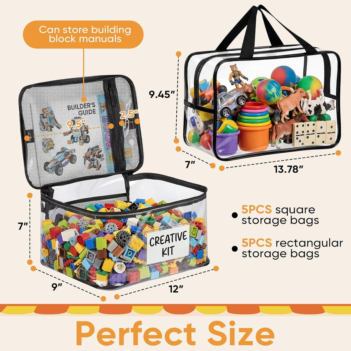 Clear Toy Storage Bags, 10-Pack PVC Organizer Bags with Labels