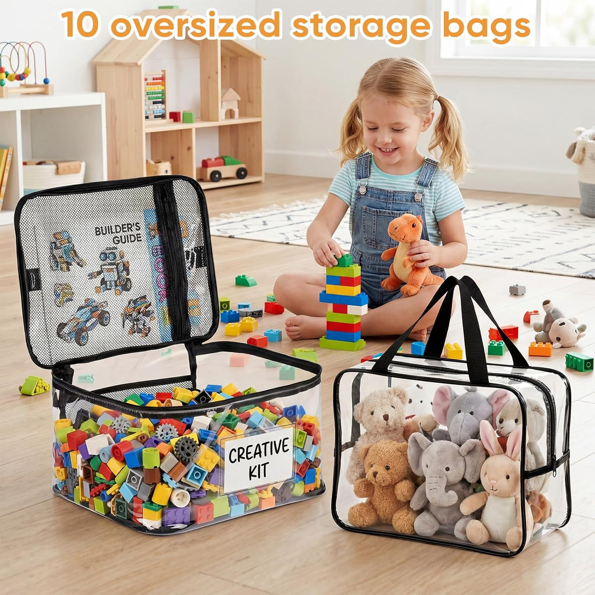 Clear Toy Storage Bags, 10-Pack PVC Organizer Bags with Labels
