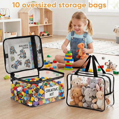 Clear Toy Storage Bags, 10-Pack PVC Organizer Bags with Labels