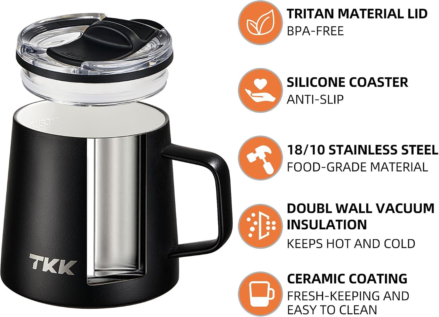 12 oz Insulated Coffee Mug with Handle Ceramic Coating Detachable Slider Lid Stainless Steel Tumbler Double Wall Vacuum Travel Cup