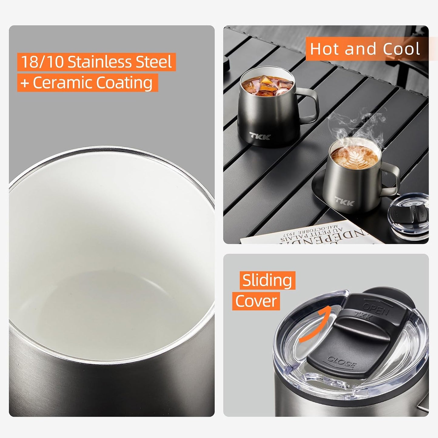 12 oz Insulated Coffee Mug with Handle Ceramic Coating Detachable Slider Lid Stainless Steel Tumbler Double Wall Vacuum Travel Cup