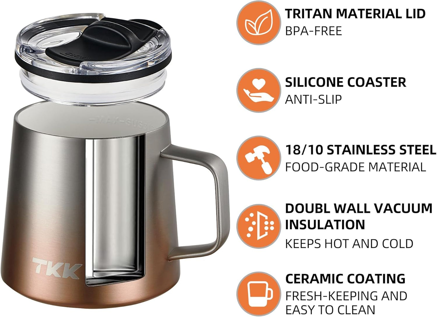 12 oz Insulated Coffee Mug with Handle Ceramic Coating Detachable Slider Lid Stainless Steel Tumbler Double Wall Vacuum Travel Cup
