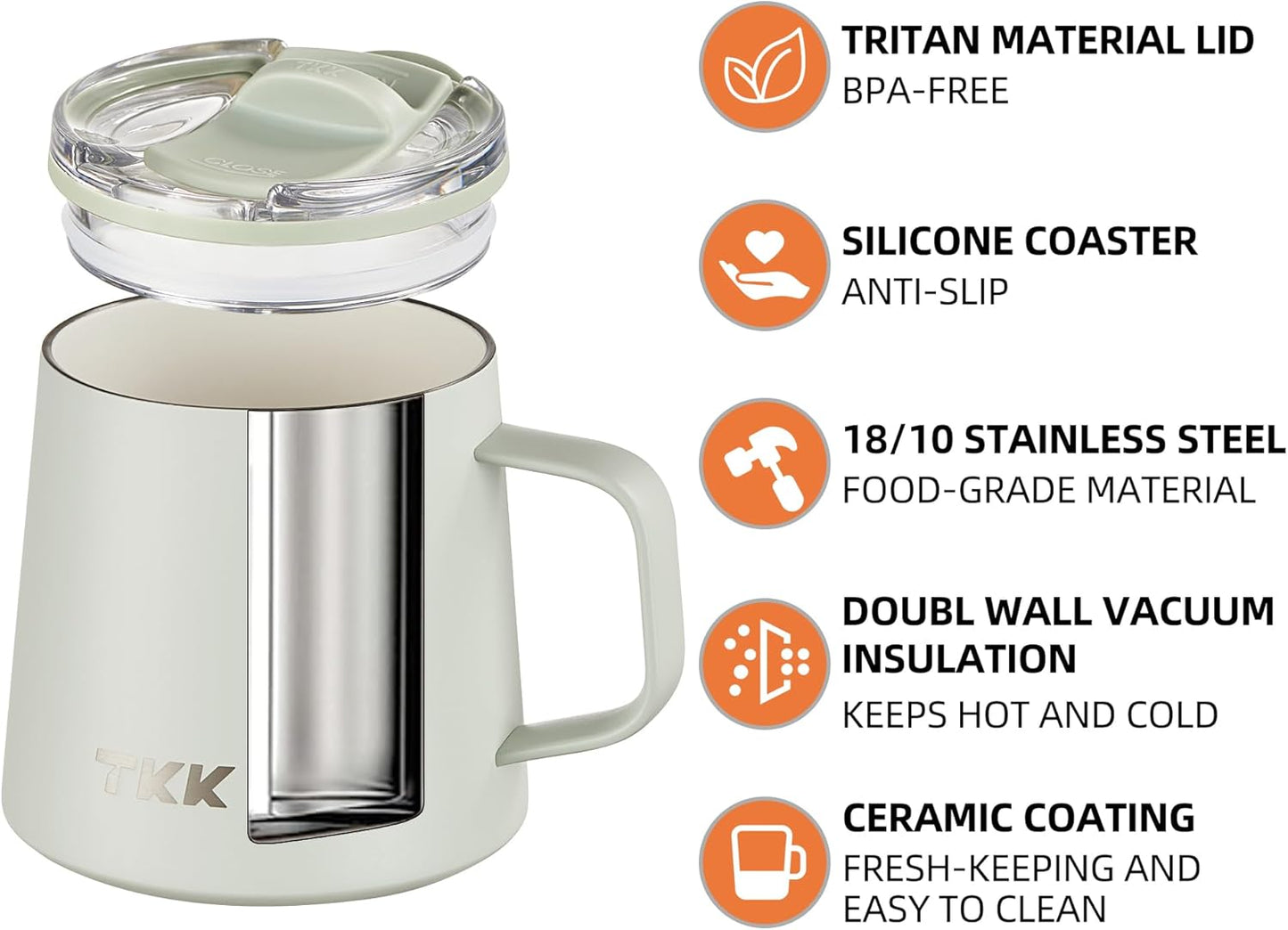 12 oz Insulated Coffee Mug with Handle Ceramic Coating Detachable Slider Lid Stainless Steel Tumbler Double Wall Vacuum Travel Cup