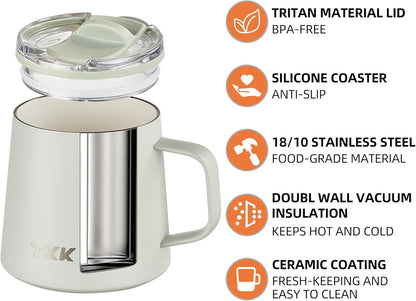 12 oz Insulated Coffee Mug with Handle Ceramic Coating Detachable Slider Lid Stainless Steel Tumbler Double Wall Vacuum Travel Cup