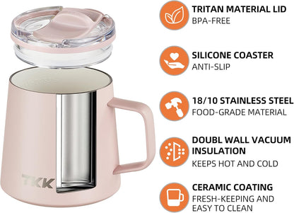 12 oz Insulated Coffee Mug with Handle Ceramic Coating Detachable Slider Lid Stainless Steel Tumbler Double Wall Vacuum Travel Cup